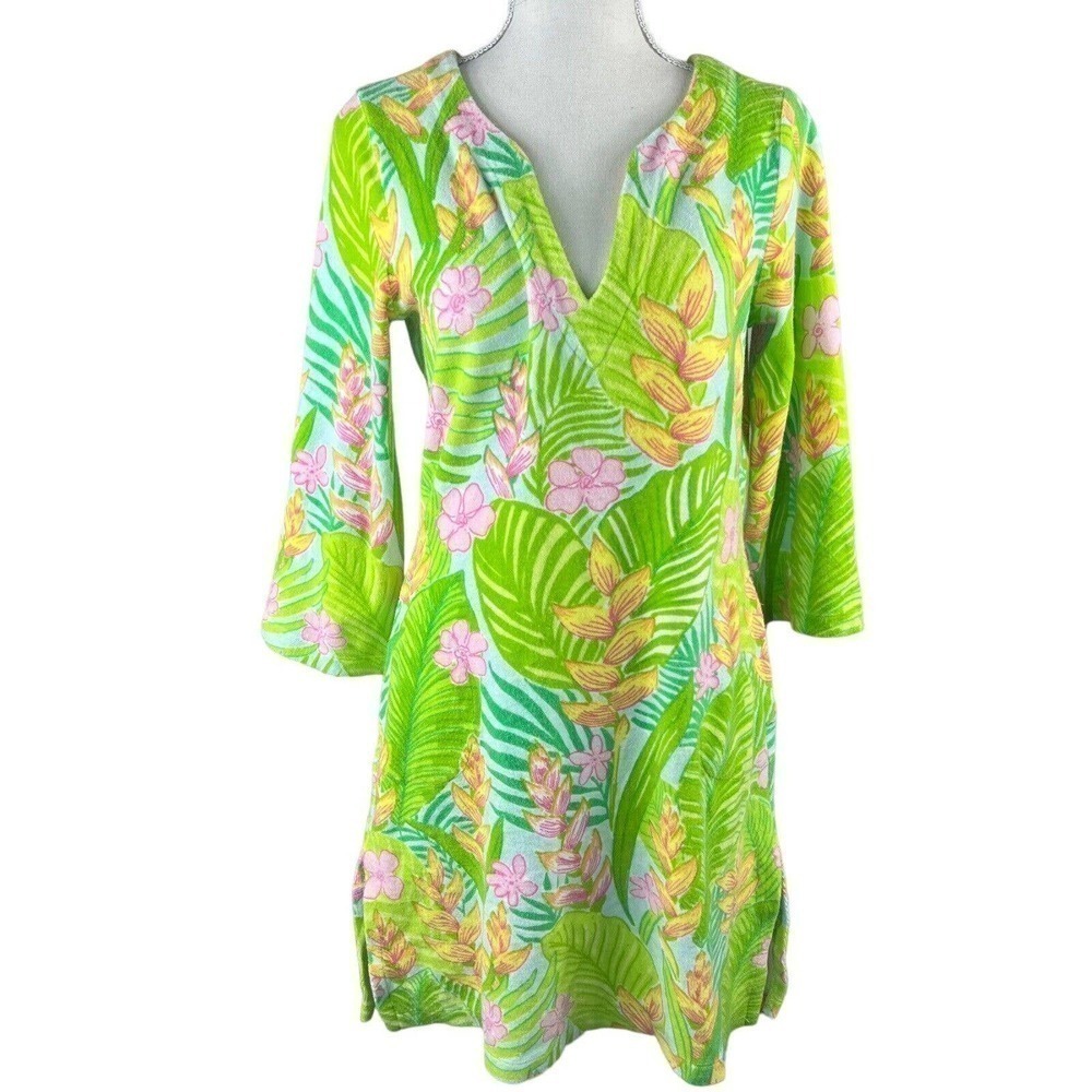 Lilly Pulitzer Long Sleeve French Terry Dress S Green Floral Tropical